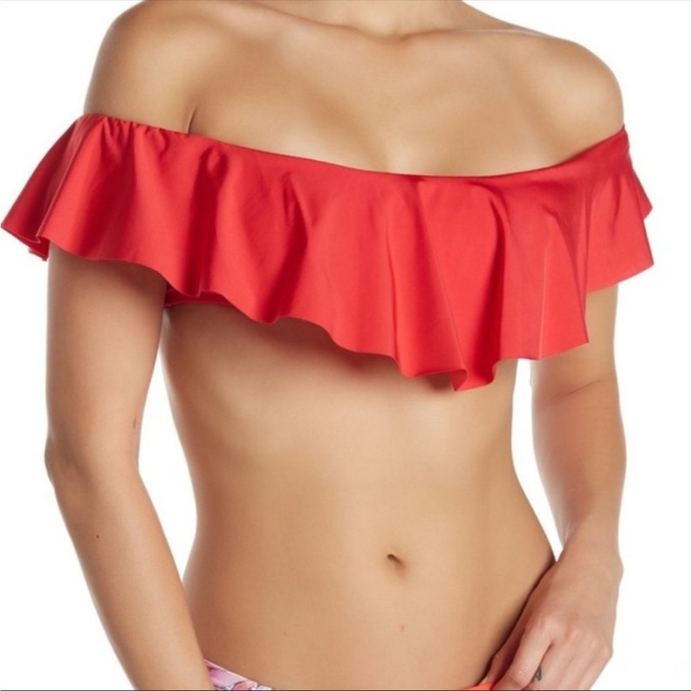 Trina Turk | NWT Red Off Shoulder Flouncy Bandeau Bikini Ruffle Swimsuit Top
